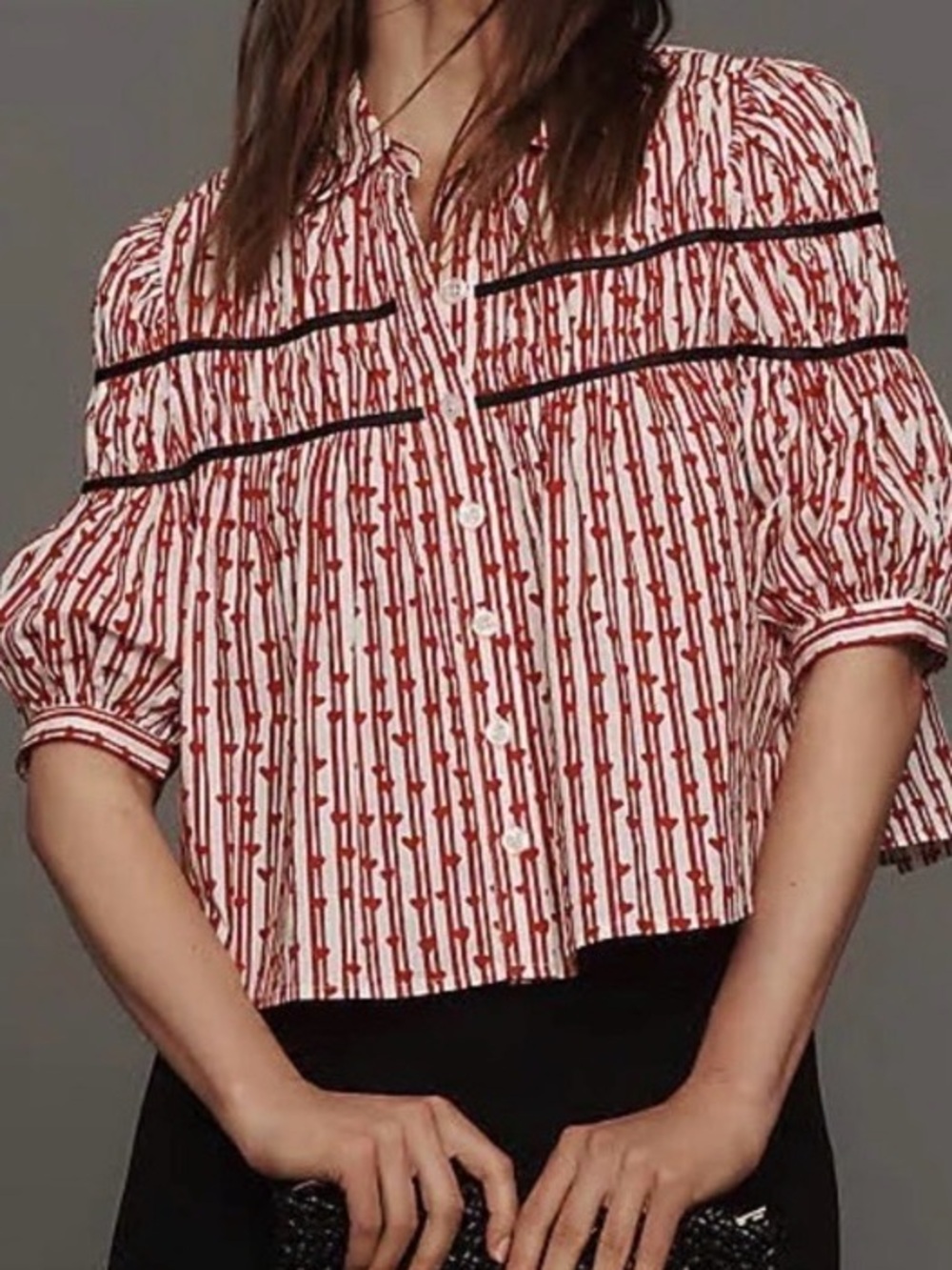 NWT Anthropologie Maeve Leandra Shirred Yoke Blouse Red and White Heart Stripe